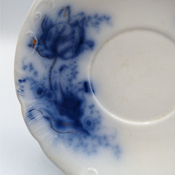 C1820 Johnson Brothers Semi Porcelain Flow Blue Tulip Royal Gold Accents 6 Plate - Picture 2 of 12